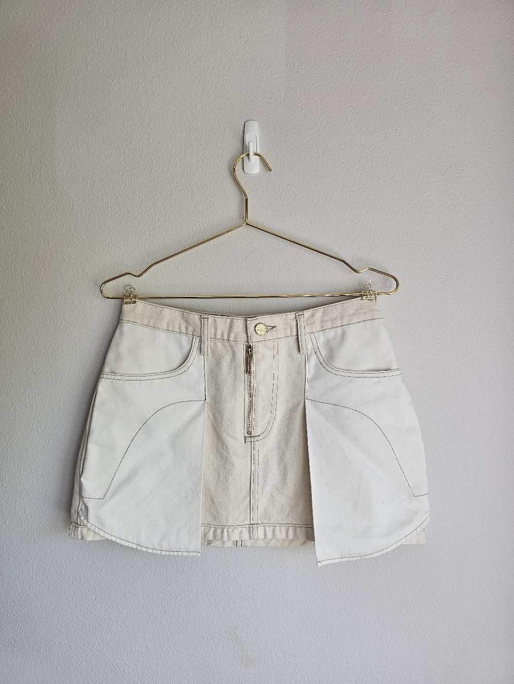 DION LEE Denim Mini Panel Utility Skirt White Cream Gold Hardware Edgy Size 6 US